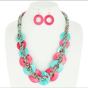 Boho style seed bead necklace and earrings set.